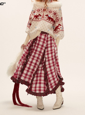 MAMC不规则木耳边拼接格子半身裙女2025秋季新款长裙休闲长款裙子