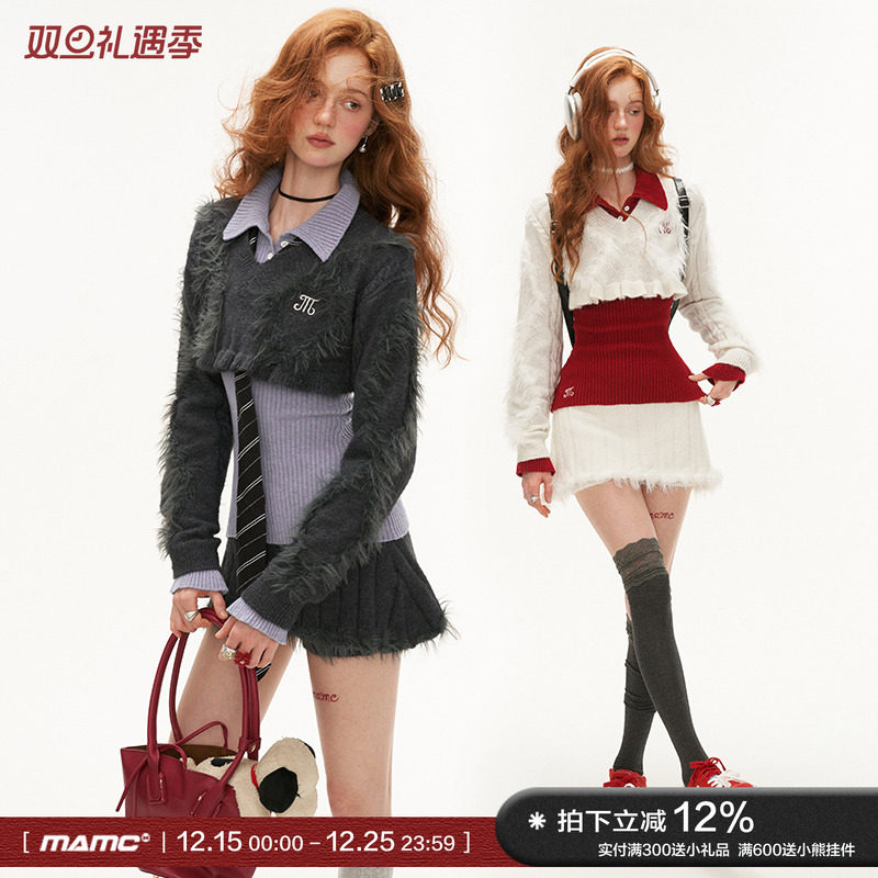 MAMC学院风短款毛衣拼毛短裙裤