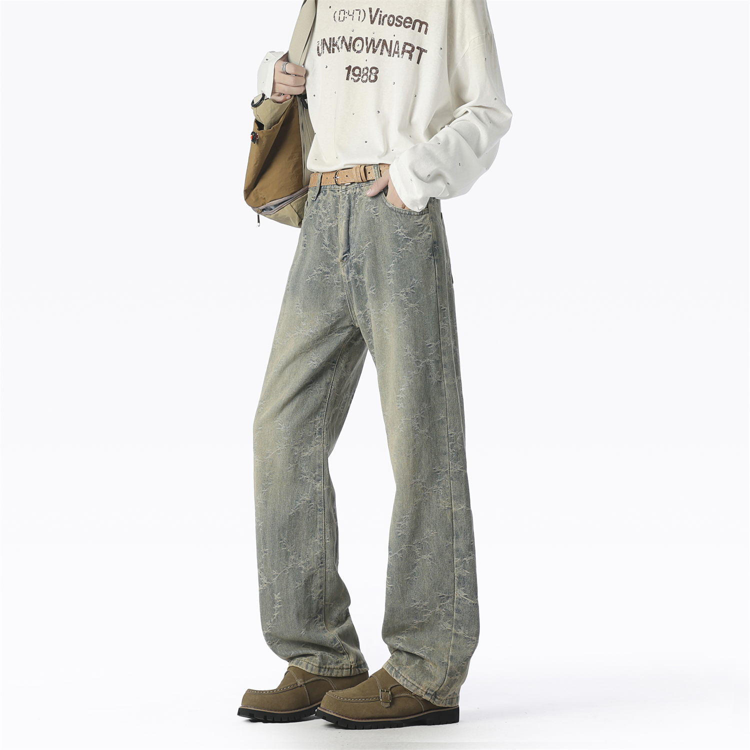 WAALEVANA美式高街荆棘提花牛仔裤男秋冬重工vibe水洗直筒微喇裤