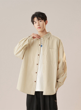 WAALEVANA 日系条纹纯棉衬衫轻熟风春秋潮牌宽松休闲长袖衬衣外套
