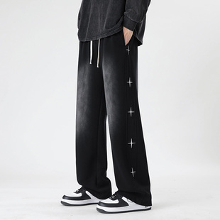 WAALEVANA 美式复古十字星刺绣水洗做旧休闲裤男女重磅垂感卫裤潮