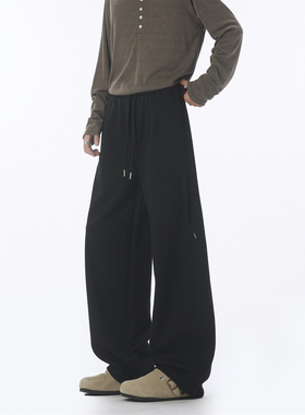 WAALEVANA美式复古重磅垂感运动卫裤男阔腿宽松直筒灰色褶皱长裤
