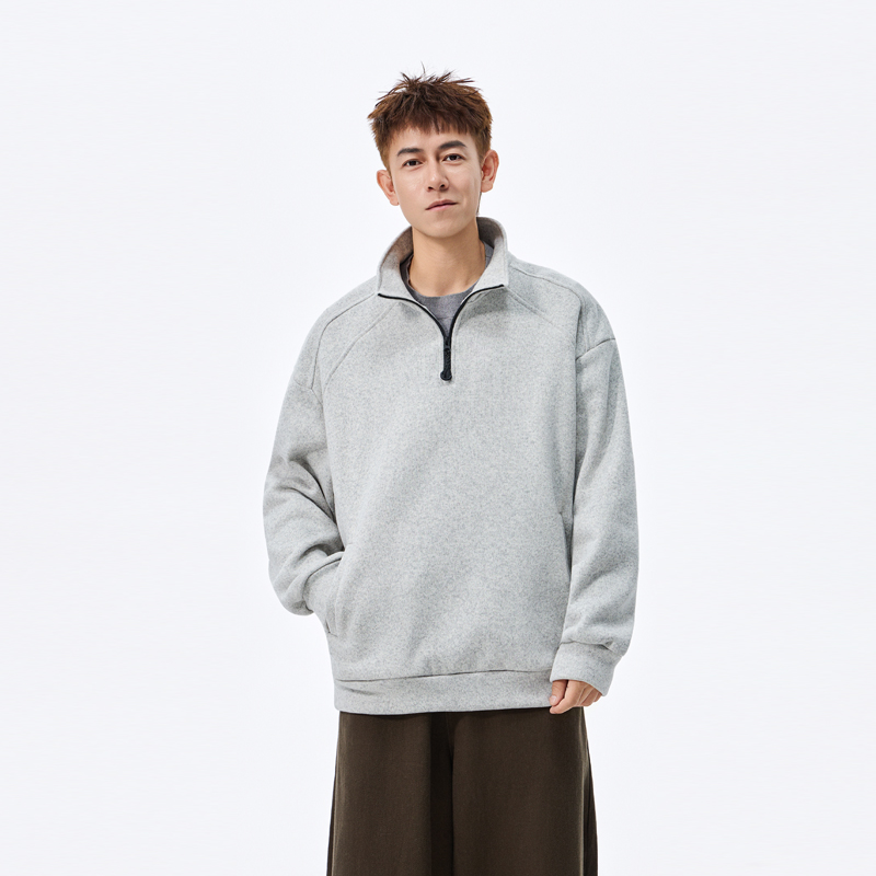 WAALEVANA日系复古简约纯色半拉链套头卫衣男潮秋冬宽松百搭上衣