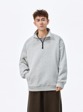 WAALEVANA日系复古简约纯色半拉链套头卫衣男潮秋冬宽松百搭上衣