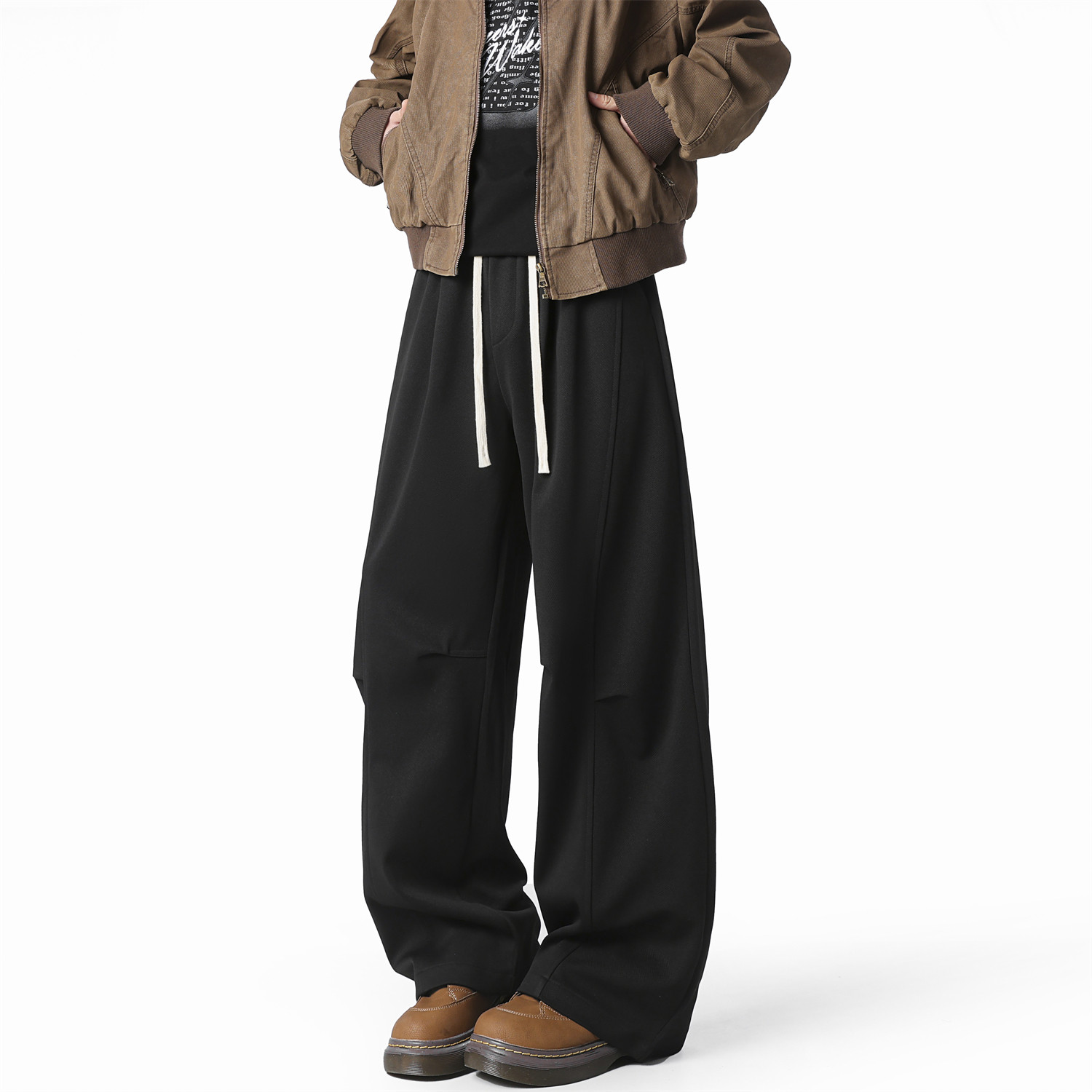 WAALEVANA 褶皱弯刀运动卫裤美式重磅cleanfit宽松简约拼接休闲裤