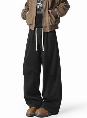 WAALEVANA 褶皱弯刀运动卫裤美式重磅cleanfit宽松简约拼接休闲裤