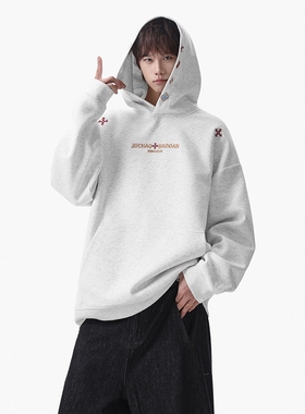 WAALEVANA美式高街复古刺绣连帽卫衣男女重磅宽松潮牌情侣套头衫