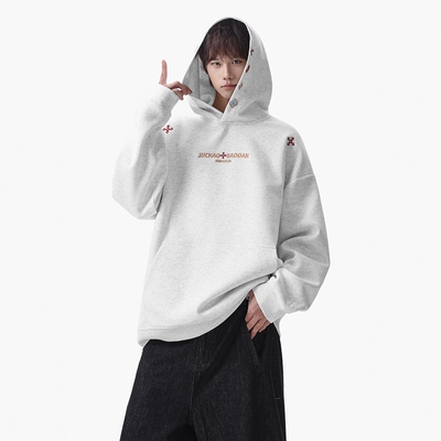 WAALEVANA美式高街复古刺绣连帽卫衣男女重磅宽松潮牌情侣套头衫