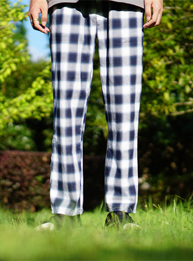 WAALEVANA蓝白格子裤男女情侣阔腿原宿风宽松阔腿复古港风休闲裤