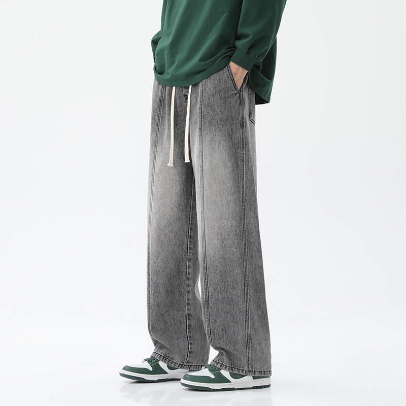 WAALEVANA 美式高街渐变水洗做旧抽绳牛仔裤男女宽松直筒阔腿长裤