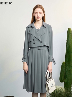 sdeer圣迪奥女装西装领收腰连衣裙两件套长款风衣S223Z1813