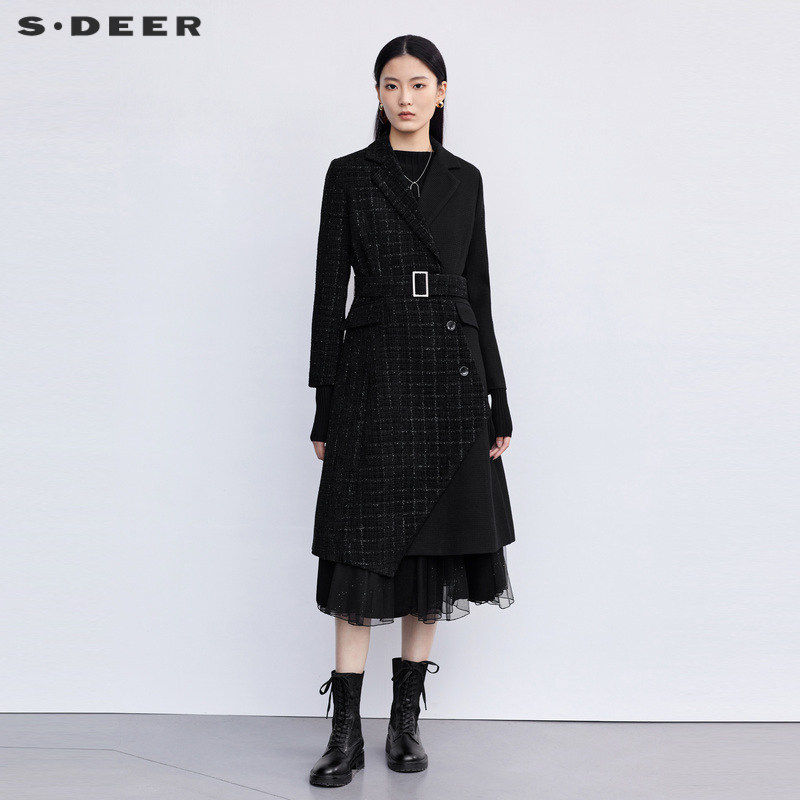 sdeer圣迪奥女装西装领收腰格纹拼接毛呢大衣S223Z1854