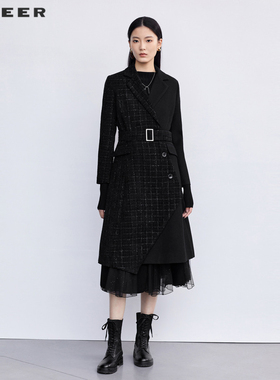 sdeer圣迪奥女装西装领收腰格纹拼接毛呢大衣S223Z1854