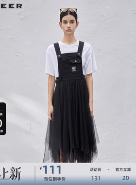 S·DEER圣迪奥女装秋学院风字母网纱背带连衣裙S211T1207
