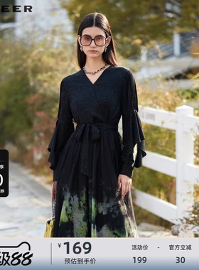 sdeer圣迪奥女装秋文艺风V领收腰网纱晕染连衣裙S24161207
