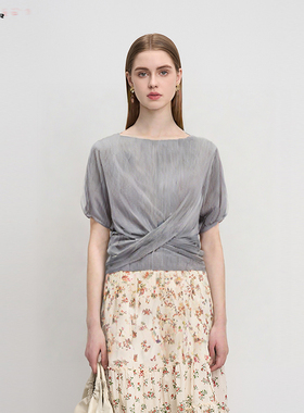 【秒杀】sdeer圣迪奥女装秋圆领肌理交叉网纱垂坠短袖S223Z0102