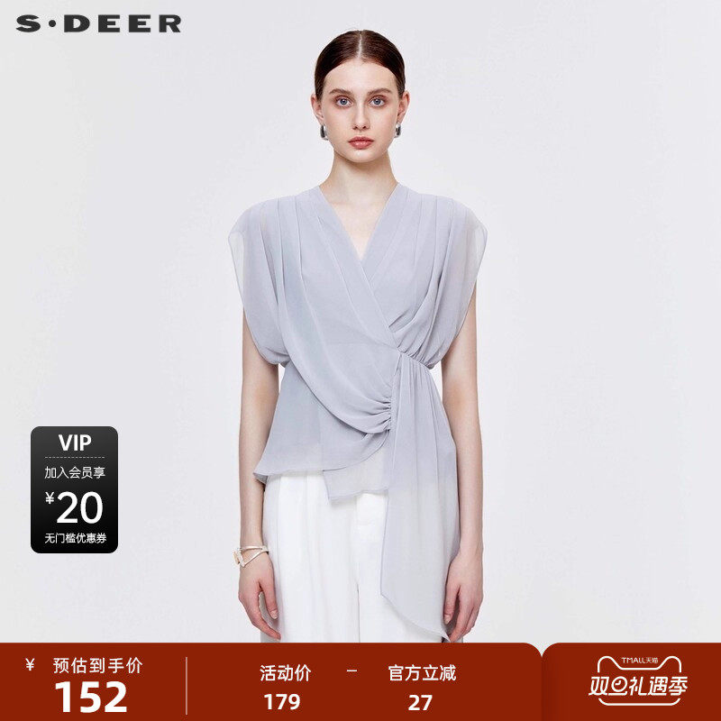sdeer圣迪奥女装V领系带不规则拼接无袖衬衫S223Z0604