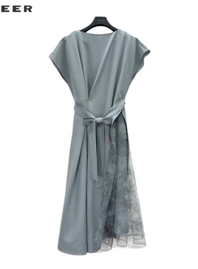 sdeer圣迪奥女装圆领压褶收腰晕染网纱连衣裙S242Z1231