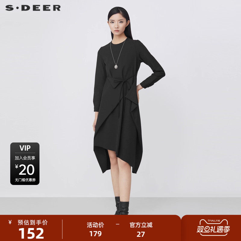 sdeer圣迪奥女装圆领系带拼接不规则长袖连衣裙S2148122