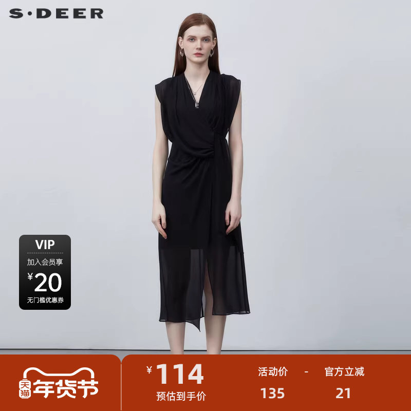 sdeer圣迪奥V领系带不规则拼接无袖连衣裙S223Z12G6
