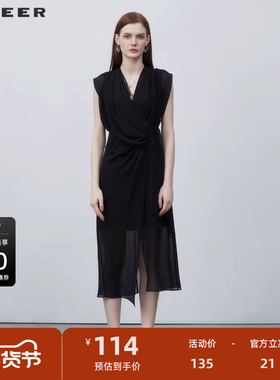 sdeer圣迪奥V领系带不规则拼接无袖连衣裙S223Z12G6