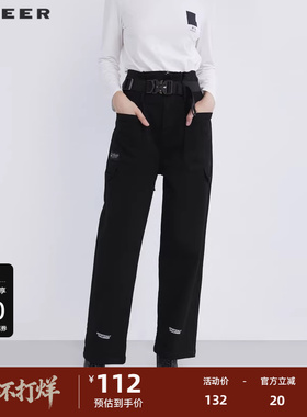 S·DEER圣迪奥女装时尚抽褶高腰字母印花直筒黑色长裤S21480823