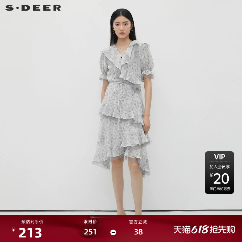 sdeer圣迪奥女装V领荷叶边碎花收腰网纱连衣裙S232Z12J