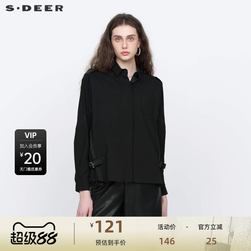 s.deer休闲拼接黑色长袖衬衫