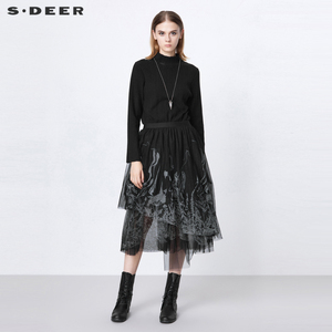 sdeer圣迪奥女装半高领网纱印花拼接长袖针织连衣裙S21381203