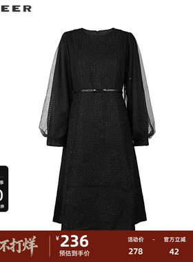 sdeer圣迪奥女装圆领收腰网纱泡泡袖毛呢连衣裙S224Z1283