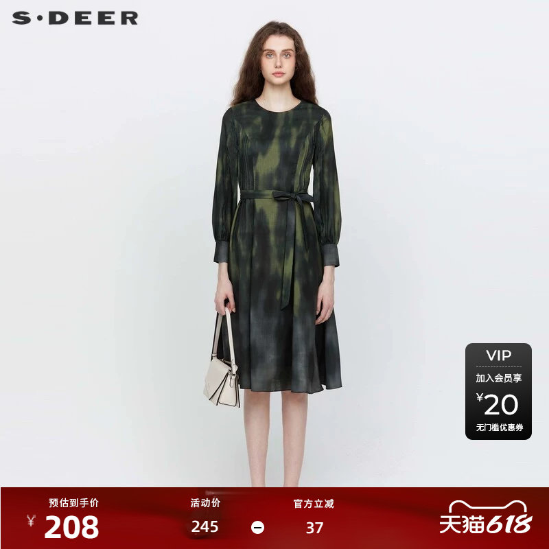sdeer圣迪奥女装秋文艺OL风圆领晕染收腰连衣裙S24161202