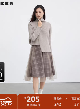 sdeer圣迪奥女装高领格纹网纱针织两件连衣裙S223Z1446