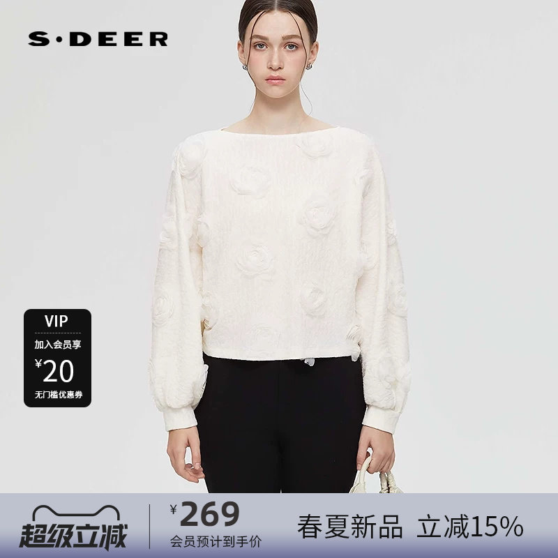 sdeer圣迪奥女装OL风文艺圆领花朵肌理长袖上衣S253Z2225