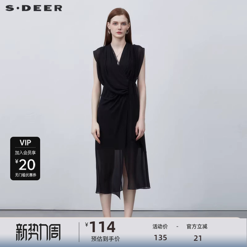 sdeer圣迪奥V领系带不规则拼接无袖连衣裙S223Z12G6