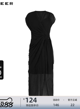 sdeer圣迪奥女装优雅V领收腰垂坠两件套连衣裙S223Z12K8