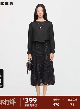 sdeer圣迪奥女装25年新品优雅圆领收腰绣花连衣裙套装S253Z1403