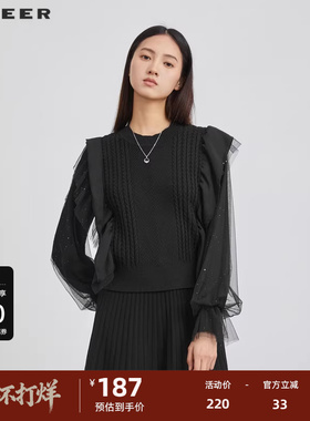 sdeer圣迪奥女装秋罗纹圆领钩花网纱拼接针织衫S223Z3558