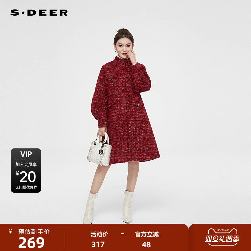 【反季清仓】sdeer圣迪奥小香风立领泡泡袖长款羽绒服S224Z