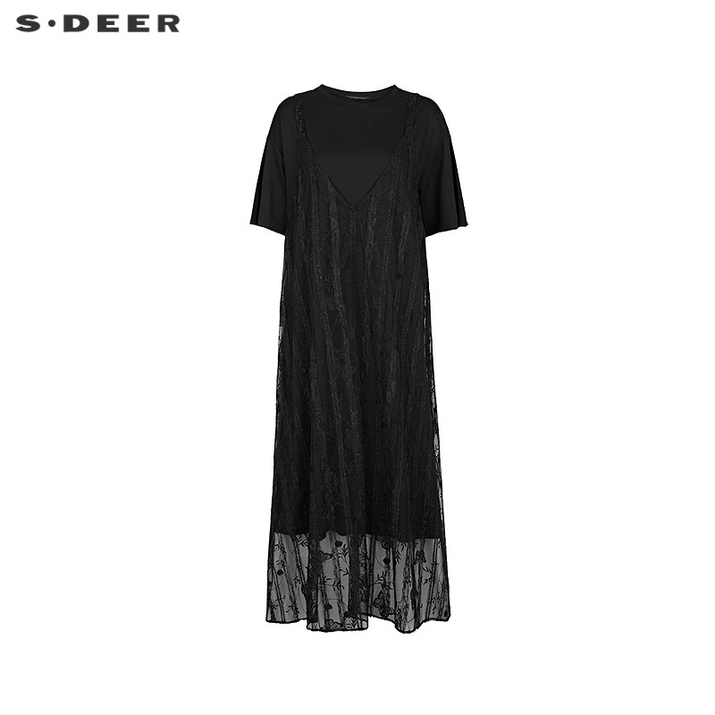 sdeer圣迪奥女装时尚圆领肌理绣花短袖吊带裙套装S243Z1401