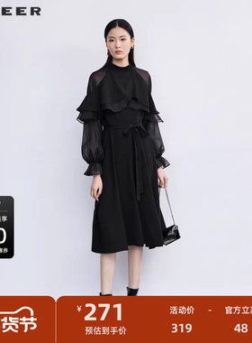 sdeer圣迪奥网纱收腰不规则长袖连衣裙S223Z128U