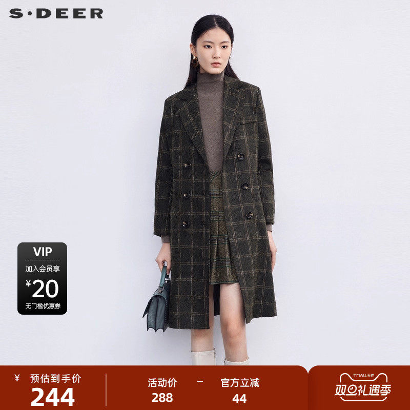 s.deer西装领双排扣格纹毛呢大衣