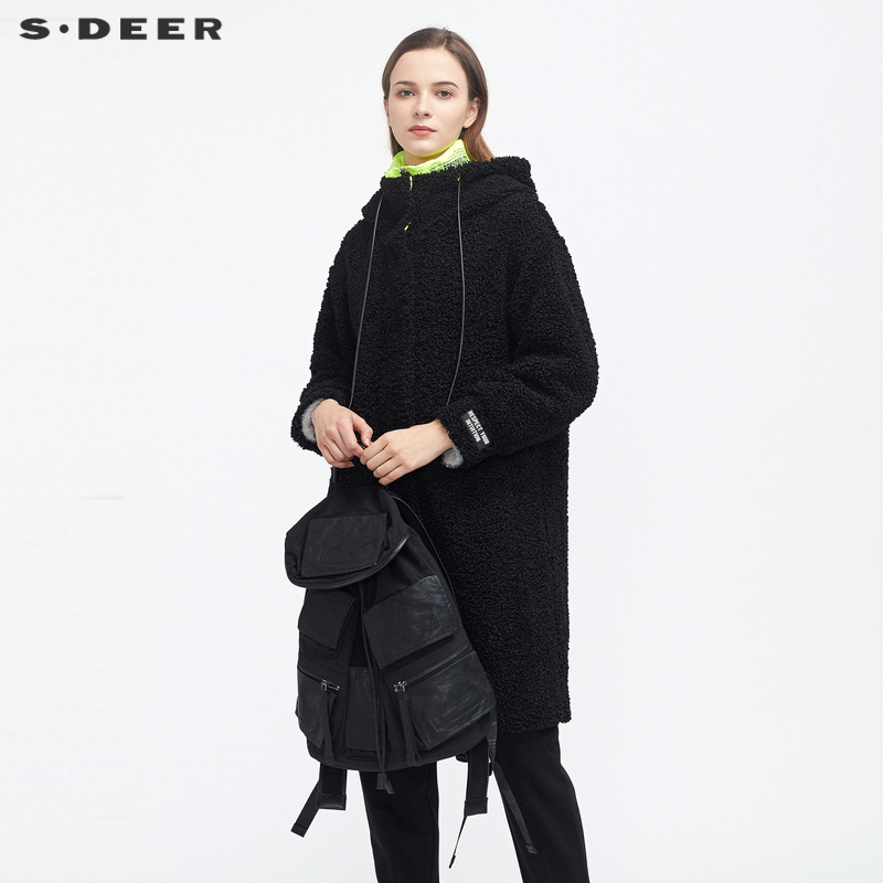 sdeer圣迪奥女装冬季个性连帽假两件拼接羊羔绒长款大衣S20481710