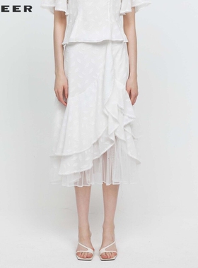 S·DEER圣迪奥女装复古高腰肌理网纱荷叶边伞裙S242Z1137