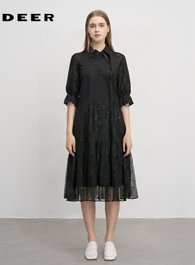 S·DEER圣迪奥女装翻领网纱不规则衬衫连衣裙S242Z1269