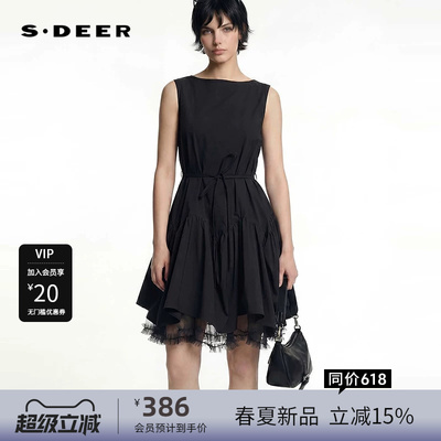 sdeer圣迪奥女装26年新品圆领收腰网纱抽褶无袖连衣裙S262Z1219