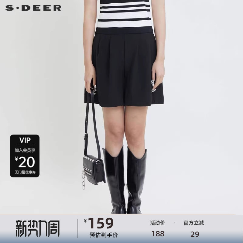 sdeer圣迪奥女装复古高腰压褶A字黑色短裤S24280904