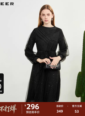 sdeer圣迪奥女装圆领拼接网纱收腰灯笼袖连衣裙S231Z1204