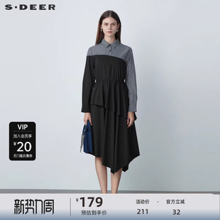 sdeer圣迪奥女装 连衣裙S221Z1203 秋条纹收腰撞色不规则衬衫