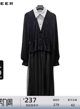 sdeer圣迪奥女装法式翻领收腰撞色网纱连衣裙S234Z12B6