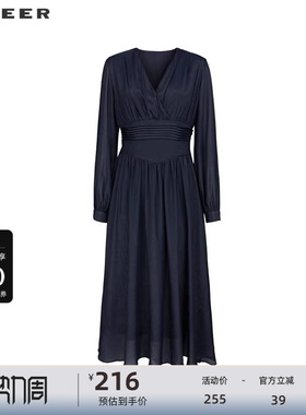 sdeer圣迪奥女装秋V领压褶垂坠雪纺长袖连衣裙S24181210